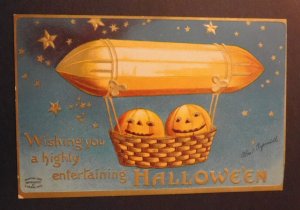 Mint Halloween Postcard Pumpkin Zeppelin Wishing Entertaining Ellen Clapsaddle