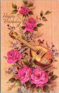 Vtg Birthday Greetings Pink Flowers Mandolin Floral Unused Postcard