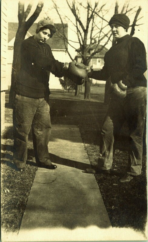 RPPC Two Men Boxing Gloves Shaking Hands Sidewalk  Real Photo Postcard trimmed