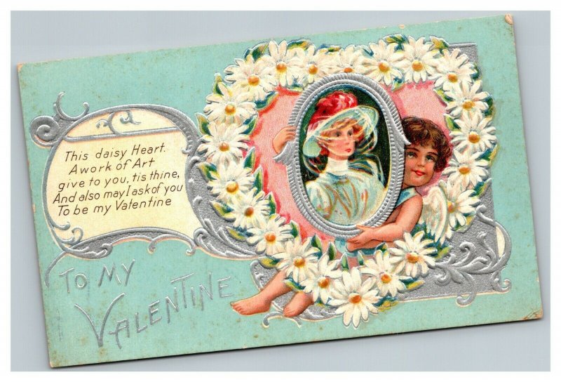 Vintage 1910's Valentine's Day Postcard Cute Cupid Beautiful Woman White Heart