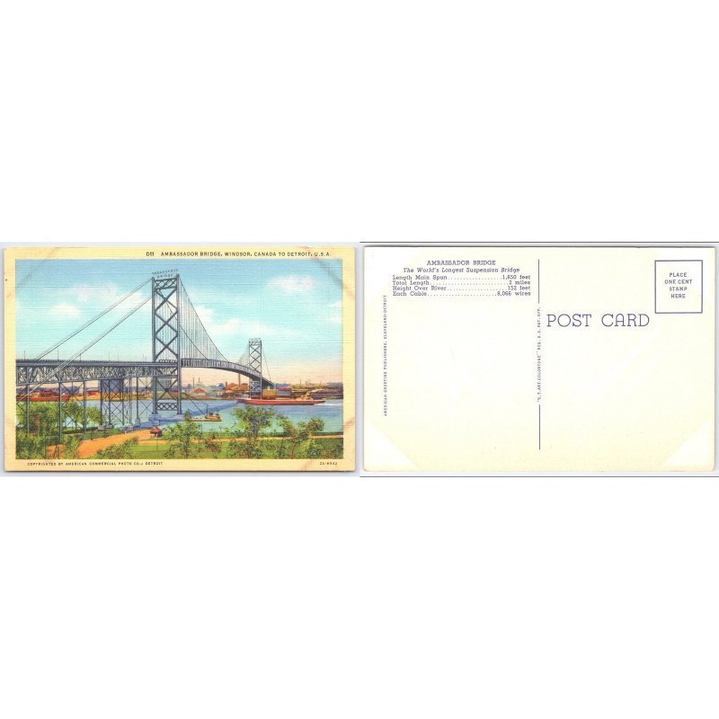 Postcard Ambassador Bridge Windsor Canada to Detroit USA