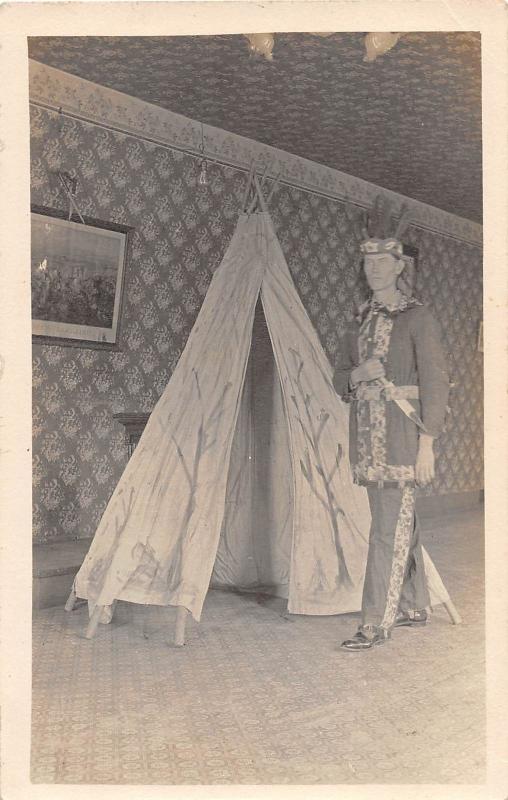 E14/ Native American Indian RPPC Postcard c1910 Man Costume Home Tepee 5 