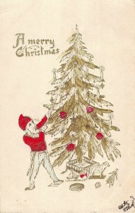 elf lighting tree hand colored c1908 Austria Christmas postcard ac150