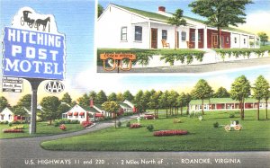 Roanoke VA Hitching Post Motel Duo View Linen Postcard