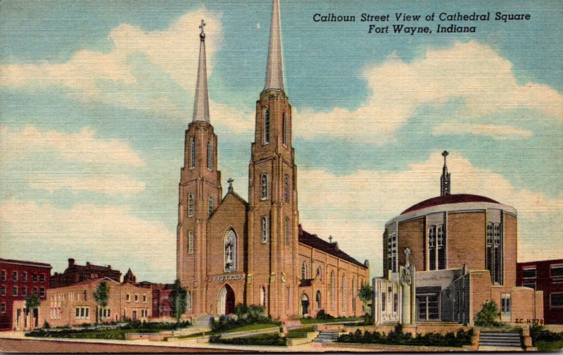 Indiana Fort Wayne Calhoun Street View Of Cathedral Square Curteich