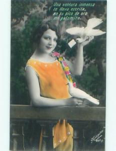 rppc 1920's FLAPPER GIRL WITH SHORT HAIR HOLDING BIRD AC8630