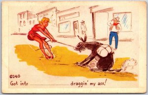 Woman Dragging The Pony Against The Way Comic Card Postcard