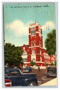 Vintage 1940's Postcard Old Cars First Methodist Church St. Petersburg Florida