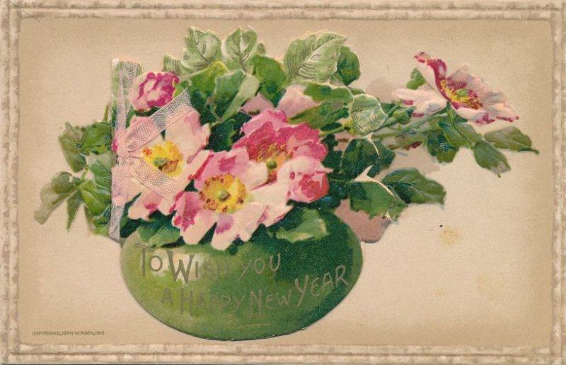 New Years Day Greetings - Flower Vase - Card on Postcard - John Winsch - DB