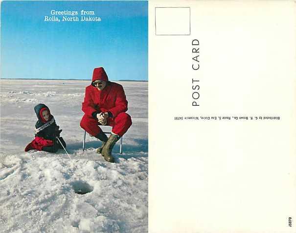 Greetings from Rolla North Dakota, Ice Fishing, Dad and Son, chrome