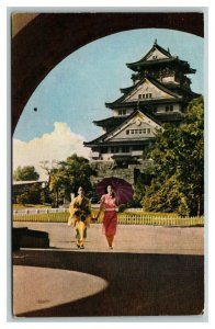 Vintage 1960's Postcard Two Japanese Women Walking by Osaka Castle Japan