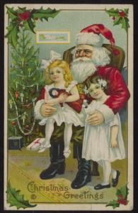 1919 Santa holding 2 little girls in an armchair embossed color post card