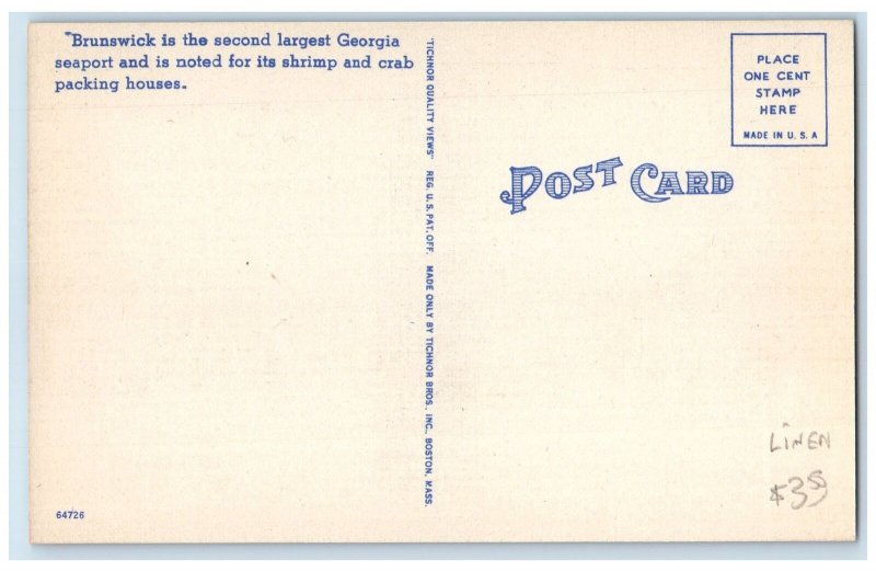 c1940's Newcastle Street Looking North Brunswick Georgia GA Laundry Postcard