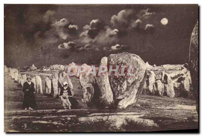 Old Postcard Dolmen Menhir Carnac Menec alignments moonlight