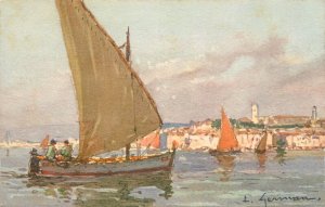 Navigation & sailing themed old postcard Cannes sailboat painting L. Lemman