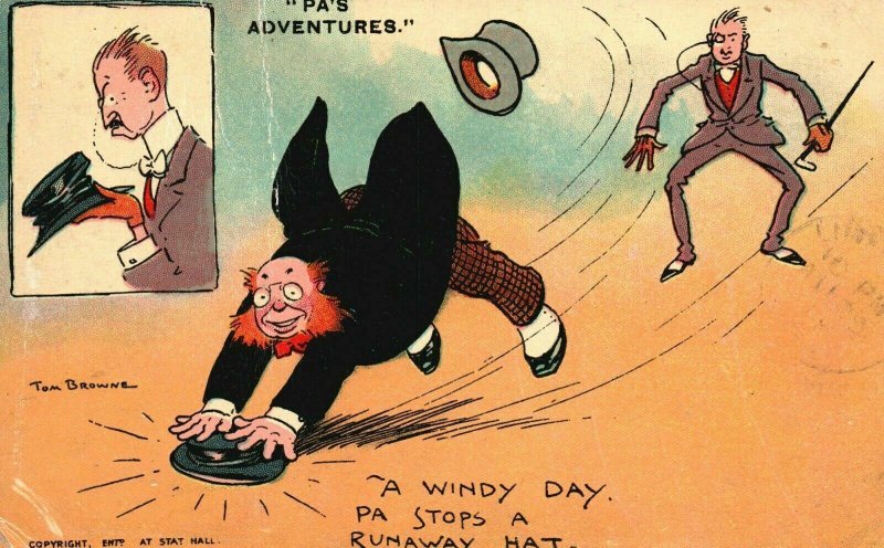 Vintage Postcard 1910's PA's Adventures A Windy Day PA Stops a Runaway Hat