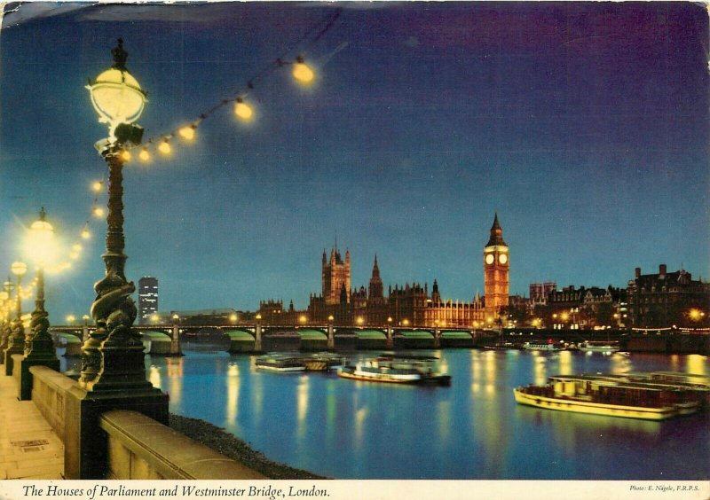 House of Parliment Big Ben Thames River night view pm 1978 London UK Postcard