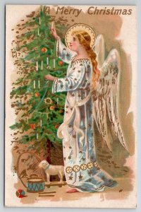 Christmas Angel Decorating Tree with Candles Drum Sheep Pull Toy Postcard Z25