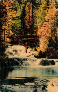 Vtg 1930s Spearfish Canyon Angler Fishing South Dakota SD Unused Linen Postcard