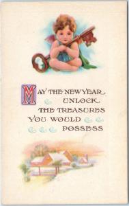 ARTS & CRAFTS STYLE New Year Greeting Postcard  UNLOCK the TREASURES  c1910s