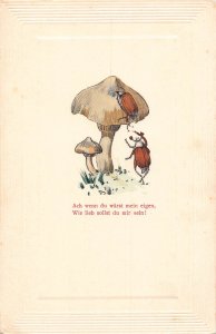 Fantasy Anthropomorphic Maybug Climbs Mushroom vintage postcard B992