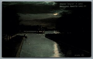 Postcard Kawartha Lakes ON c1905 Steamer Esturion in Canal Bobcaygeon Night View