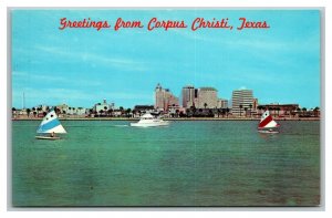 Vintage 1967 Postcard Sunfish Sailboats City View of Corpus Christi Bay Texas