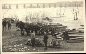 Fairfield Maine ME Horse Wagon Men Hauling Lumber at River Real Photo Postcard