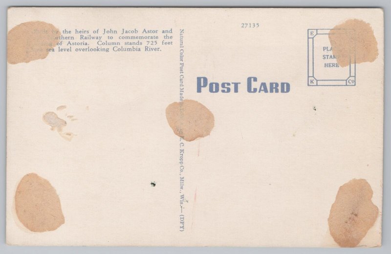 Astoria Oregon~Astor Column~Clouds in Sky~Linen Vintage Postcard