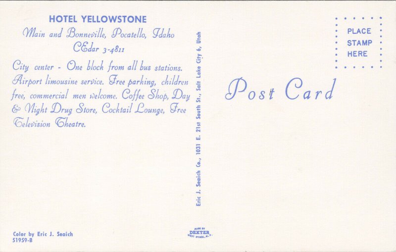 Hotel Yellowstone Pocatello Idaho ID Unused Vintage Postcard F74