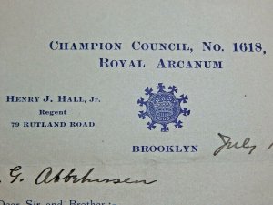 1905 Champion Council No 1618 Royal Arcanum Brooklyn New York Letterhead