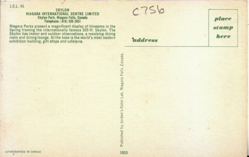 Canada Postcard - Skylon - Niagara International Centre Limited - Ref 17019A