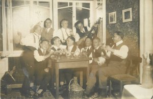 Postcard Young men elegant vintage clothing celebration group photo