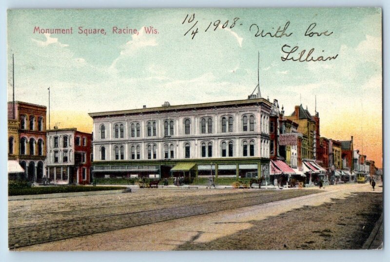 Racine Wisconsin Postcard Monument Square Exterior Building 1908 Vintage Antique