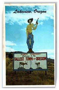 Giant Cowboy Sign Welcome to Lakeview Oregon OR Tallest Town Chrome Postcard W16