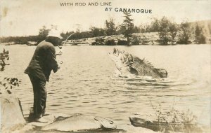 Postcard RPPC 1920s Gananoque Ontario Canada fishing exaggeration CD24-740