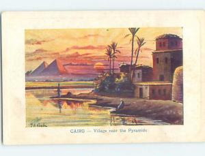 Old Postcard VILLAGE BY THE PYRAMIDS Cairo Egypt F5641