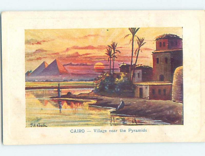 Old Postcard VILLAGE BY THE PYRAMIDS Cairo Egypt F5641