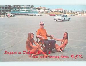 Unused Pre-1980 RISQUE BIKINI GIRLS WITH OLD MAN Daytona Beach Florida FL G5495