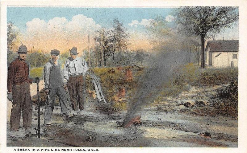 C29/ Tulsa Oklahoma Ok Postcard c1910 A Break in Pipieline Occupational Oil Gas