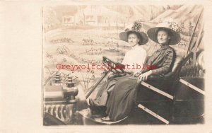 Early Auto with two Women, RPPC