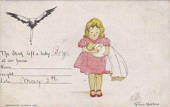 Stork With Young Girl Holding Baby 1908 Signed Grace Harlow