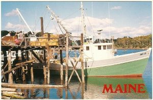 Fishing Boat Being Unloaded, South Bristol, Maine, Chrome Postcard