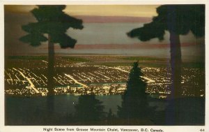 RPPC VANCOUVER, BC Canada~Night from GROUSE MOUNTAIN CHALET Handcolored Postcard