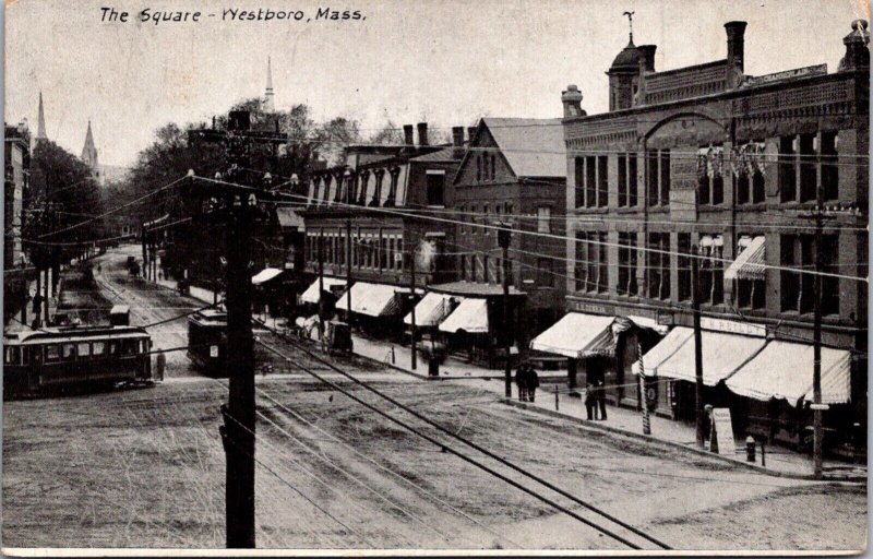 Postcard The Square, Trolley Street Scene in Westboro, Massachusetts 