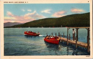 Speed Boats at Dock Lake George NY Vintage Postcard T02