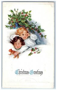 Christmas Postcard Greetings Sleeping Babies Holly Berries Chalfont PA 1917