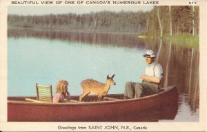 CANADA, Saint John NB, Little Girl w Baby Deer, Fawn, Father in Canoe, Canoeing