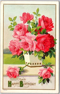 1910's Roses Basket Vase Bunch Birthday Greetings Wishes Card Postcard