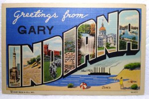 Greetings From Gary Indiana Large Big Letter Postcard Linen Vintage